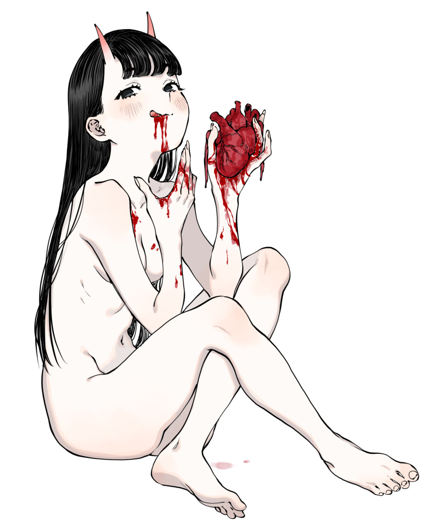 1girl absurdres barefoot black_eyes black_hair blood blood_on_face blood_on_hands blush bomhat breasts completely_nude eating full_body guro heart_(organ) highres horns long_hair looking_at_viewer nude oni original pale_skin small_breasts smile solo toes
