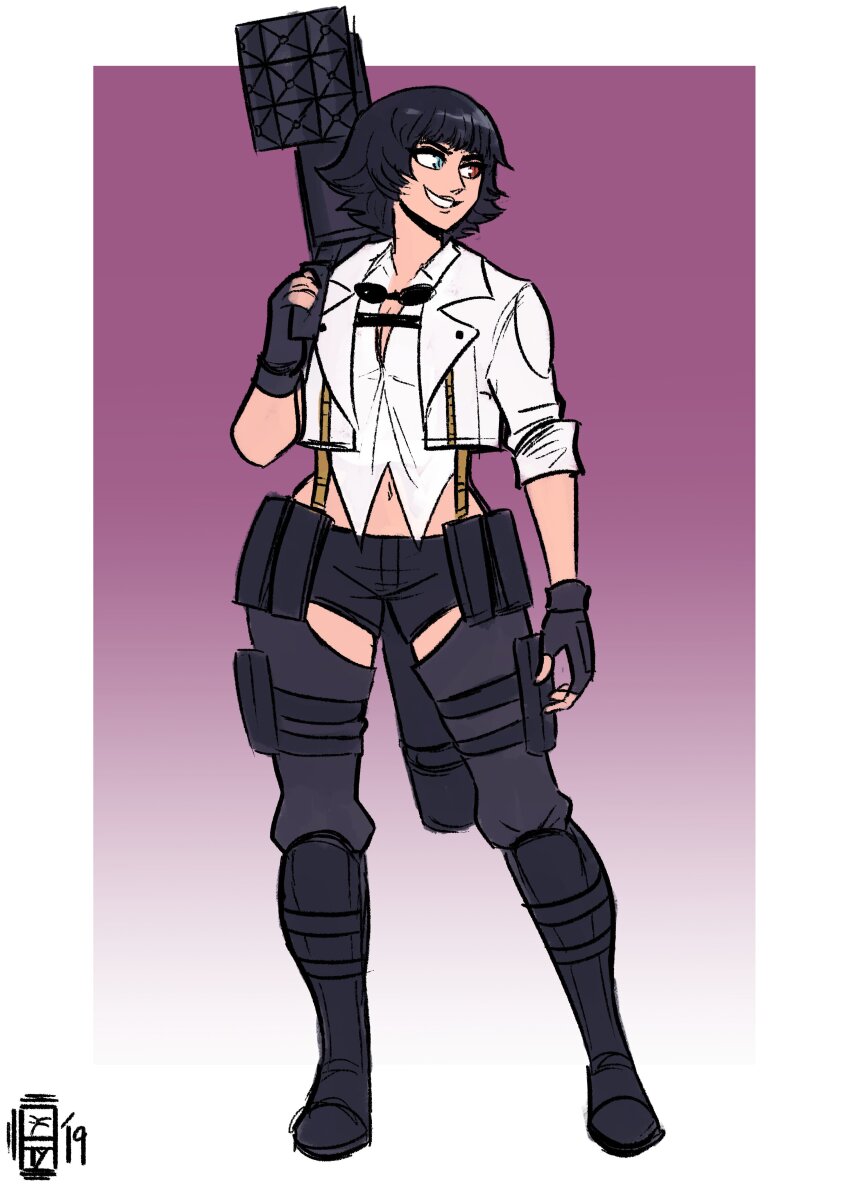 1girl absurdres black_gloves black_hair black_shorts devil_may_cry_(series) devil_may_cry_5 fingerless_gloves gloves heterochromia highres jacket lady_(devil_may_cry) midriff navel purple_background scruffyturtles shirt shorts signature smirk white_jacket white_shirt