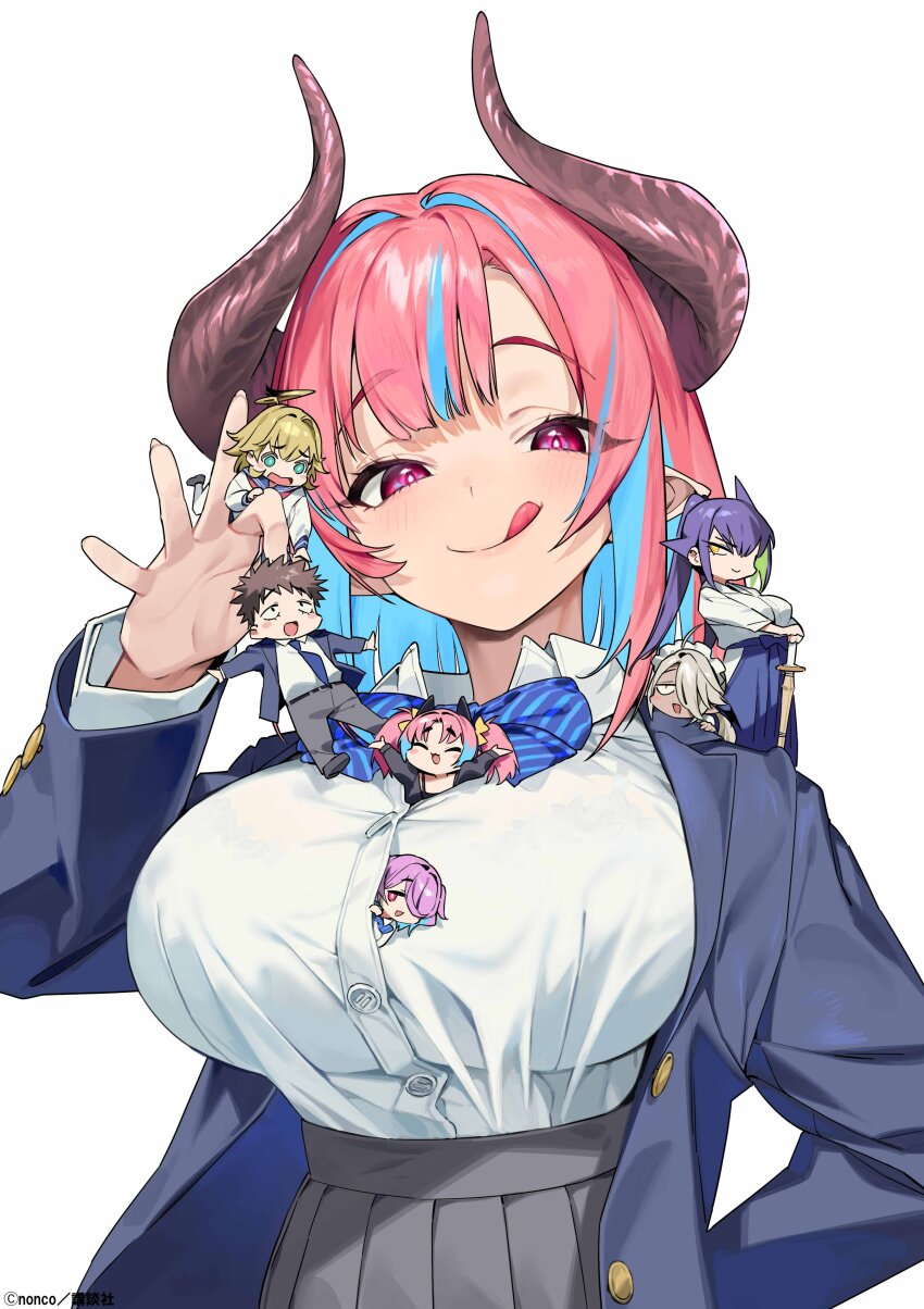 1boy 6+girls absurdres ahoge ami_(kanan-sama) aqua_eyes artist_name black_shirt blonde_hair blue_bow blue_hair blue_hakama blue_jacket blue_necktie blue_sailor_collar blush bow breasts brown_hair brown_horns closed_eyes closed_mouth collared_shirt colored_inner_hair demon_girl demon_horns fingernails green_hair grey_pants grey_skirt hair_bow hair_intakes hair_over_one_eye hakama hakama_skirt halo_ahoge high_ponytail highres holding holding_mini_person horns jacket japanese_clothes jeanne_(kanan-sama) kanan-sama_wa_akumade_choroi kanan_(kanan-sama) kyougi_youji large_breasts long_sleeves looking_at_viewer maid maid_headdress medium_hair miel_(kanan-sama) miltie_(kanan-sama) mini_person multicolored_hair multiple_girls necktie nonco official_art open_clothes open_jacket pants pink_eyes pink_hair pointy_ears ponytail purple_hair sailor_collar school_uniform serafuku shinai shinryuji_tekka shirt simple_background skirt smile streaked_hair striped_bow sword tongue tongue_out twintails two-tone_hair weapon white_background white_serafuku white_shirt yellow_bow yellow_eyes
