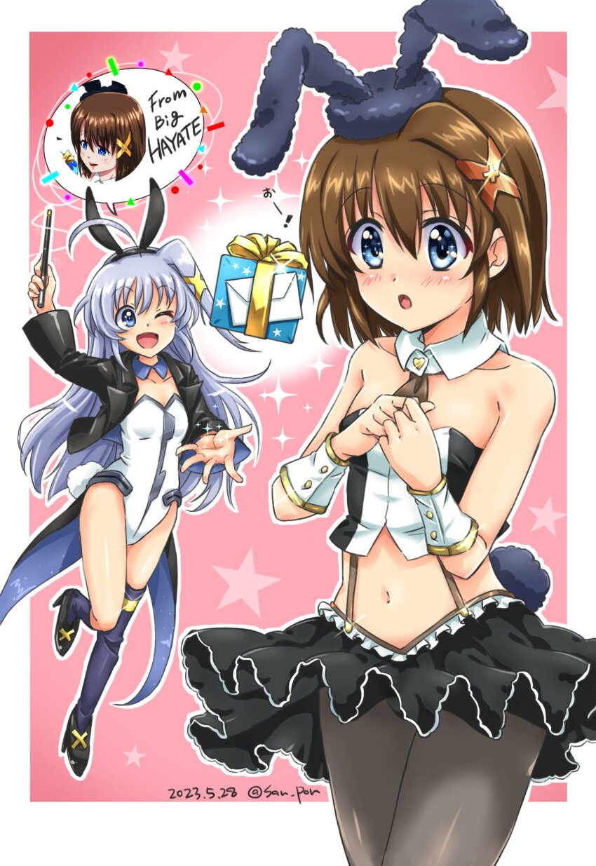 2girls animal_ears bare_shoulders black_pantyhose blue_eyes blue_hair blush breasts brown_hair fake_animal_ears fake_tail hair_ornament highres leotard letter long_hair looking_at_viewer lyrical_nanoha lyrical_store mahou_shoujo_lyrical_nanoha mahou_shoujo_lyrical_nanoha_a&#039;s mahou_shoujo_lyrical_nanoha_strikers microskirt midriff multiple_girls navel one_eye_closed open_mouth pantyhose playboy_bunny rabbit_ears rabbit_tail reinforce_zwei san-pon short_hair skirt small_breasts smile tail wand white_leotard x_hair_ornament yagami_hayate
