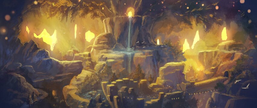 bird bridge cave highres light_particles light_rays no_humans original outdoors rock scenery sketch soraizumi tree underground water waterfall