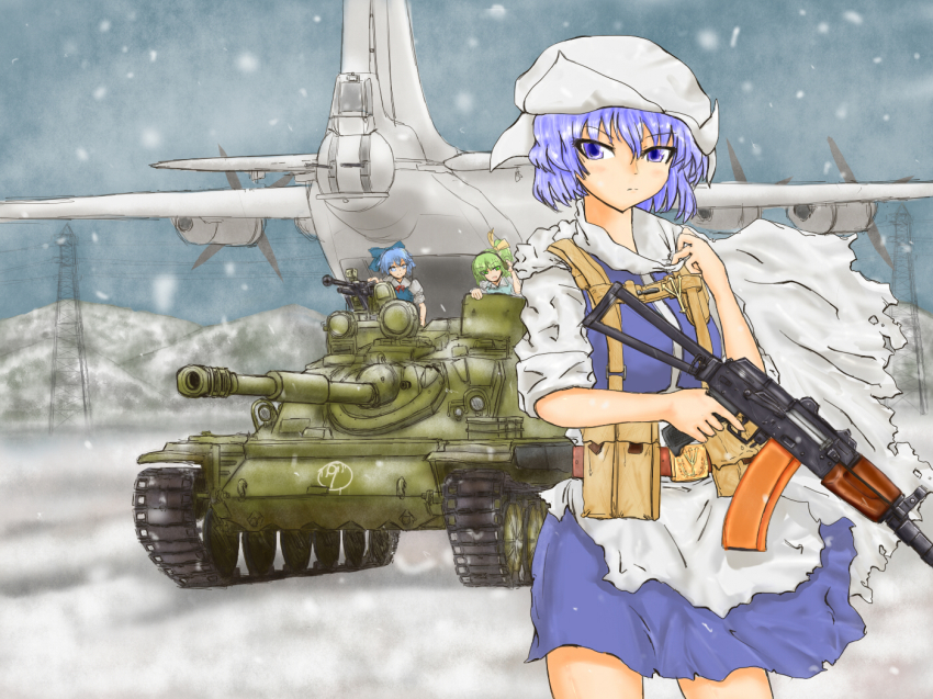 3girls aircraft airplane aks-74u assault_gun assault_rifle asu-85 bad_id bad_pixiv_id caterpillar_tracks circled_9 cirno daiyousei gun hartsock kal_abiner kalashnikov_rifle letty_whiterock machine_gun military military_vehicle motor_vehicle multiple_girls rifle self-propelled_artillery side_ponytail snow tank touhou vehicle weapon winter