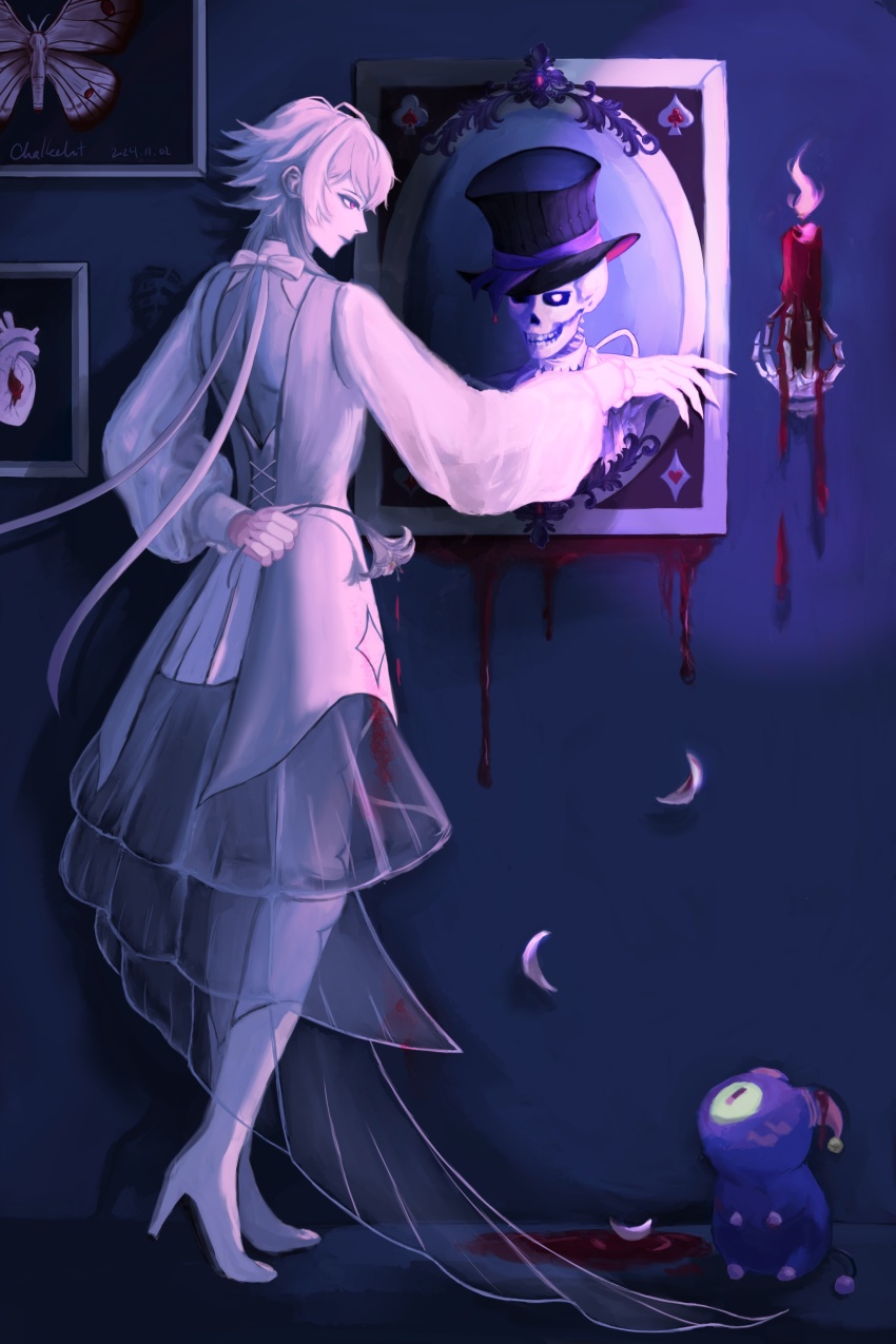 1boy absurdres androgynous arm_behind_back backless_outfit bishounen bug butterfly candle candle_wax candlestand chalkelot commentary creature dated dripping english_commentary flower from_side full_body gavis_bettel grey_hair hair_between_eyes halloween hat high_heels highres holding holding_flower holostars holostars_english insect jerry_(gavis_bettel) long_sleeves looking_at_viewer male_focus night pale_skin phantom_(gavis_bettel) pink_eyes portrait_(object) profile ribbon skeleton solo standing top_hat virtual_youtuber white_hair white_ribbon