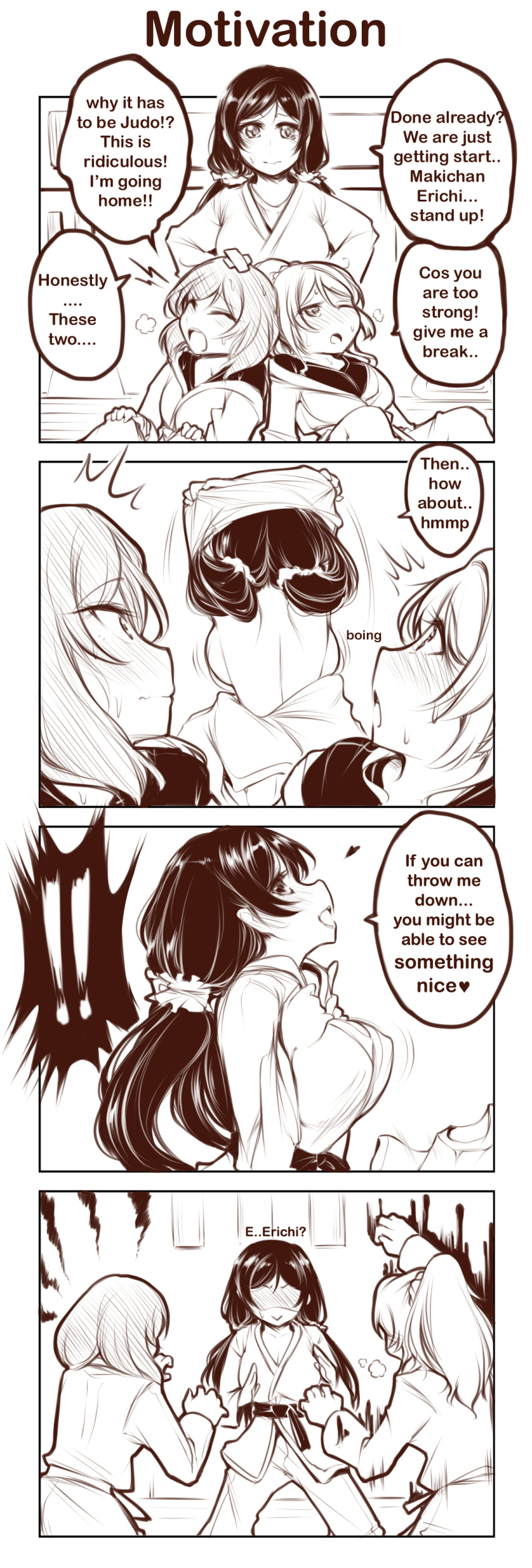 ! !! 10s 3girls absurdres aura ayase_eli backboob blush bouncing_breasts breasts comic english_text female_focus highres judo love_live! love_live!_school_idol_project monochrome multiple_girls nishikino_maki sports_bra tojo_nozomi translated undressing yuriwhale