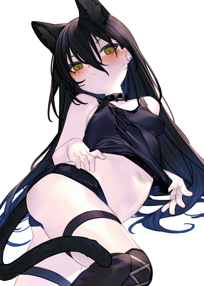 1girl animal_ears arknights black_choker black_hair blush breasts cat_ears cat_girl cat_tail choker dagda_(arknights) extra_ears green_eyes hair_between_eyes highres kochiya_(gothope) long_hair looking_at_viewer lying micro_shorts on_side shorts small_breasts solo studded_choker tail tank_top thigh_strap white_background