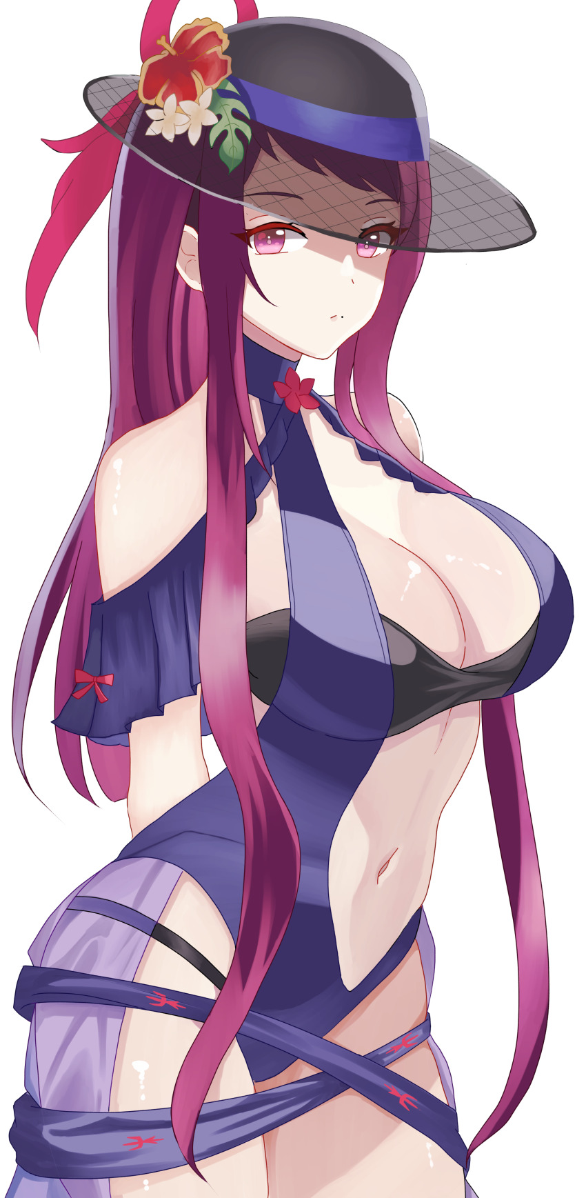 1girl absurdres bare_shoulders black_hat blue_one-piece_swimsuit breasts casual_one-piece_swimsuit cleavage clothing_cutout dress_swimsuit fire_emblem fire_emblem_engage fire_emblem_heroes flower hat highres ivy_(fire_emblem) ivy_(summer)_(fire_emblem) large_breasts long_hair looking_at_viewer mole mole_under_mouth n_54 navel nintendo official_alternate_costume one-piece_swimsuit purple_eyes purple_hair see-through_clothes see-through_headwear solo stomach stomach_cutout swimsuit transparent_background