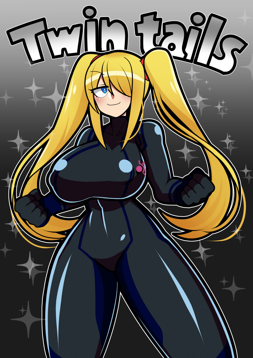 1girl absurdres alternate_costume alternate_hairstyle black_bodysuit blonde_hair bodysuit breasts cleavage cleavage_cutout clenched_hands clothing_cutout hair_over_one_eye highres iriomote_umineko large_breasts looking_to_the_side metroid nintendo samus_aran simple_background skin_tight smile solo sparkle symbol thick_thighs thighs twintails zero_suit