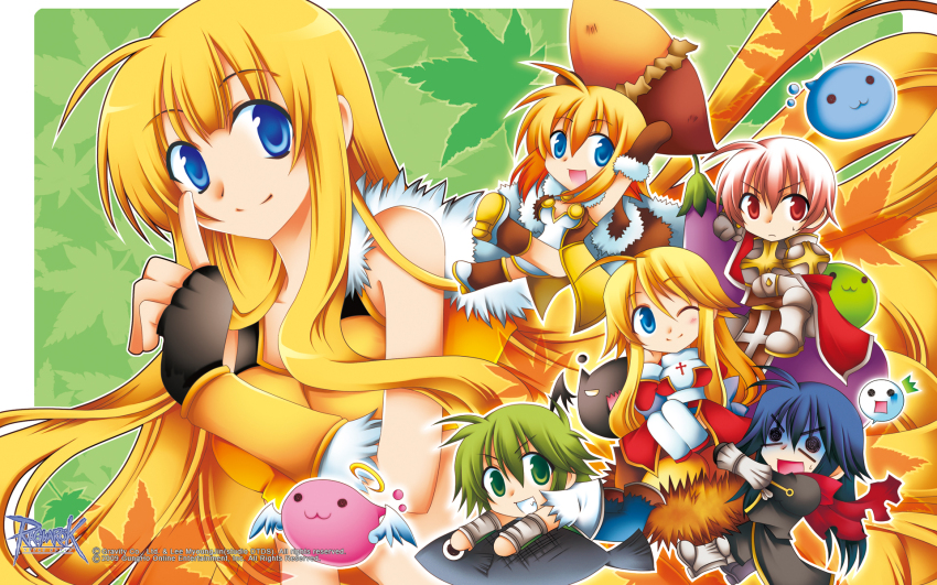 3boys 3girls :3 ahoge angeling armor armored_boots assassin_cross_(ragnarok_online) black_cape black_gloves black_pants black_shirt blonde_hair blue_eyes blue_hair blue_pants blunt_bangs blush boots breastplate breasts brown_cape brown_dress brown_footwear brown_gloves cape cecil_damon chibi closed_mouth copyright_notice crop_top cross deviling dress eremes_guile fingerless_gloves food frown full_body fur-trimmed_cape fur-trimmed_gloves fur-trimmed_shirt fur_trim gloom_(expression) gloves green_background green_eyes green_hair grin guest_art hair_bun halo high_priest_(ragnarok_online) high_wizard_(ragnarok_online) highres howard_alt-eisen index_finger_raised kathryne_keyron layered_dress leaf leg_armor logo long_hair looking_at_viewer lord_knight_(ragnarok_online) maple_leaf margaretha_sorin marin_(ragnarok_online) medium_breasts multiple_boys multiple_girls official_art official_wallpaper open_mouth pants pauldrons pink_hair poporing ragnarok_online red_cape red_dress red_eyes red_scarf sash scarf seyren_windsor shirt short_hair shoulder_armor sidelocks sleeveless sleeveless_shirt slime_(creature) smile sniper_(ragnarok_online) souma_mizuki strapless strapless_dress sweet_potato thighhighs torn_clothes torn_scarf traditional_halo two-tone_dress two-tone_footwear two-tone_gloves two-tone_shirt upper_body v-shaped_eyebrows vambraces very_long_hair waist_cape white_dress white_footwear white_sash white_shirt white_thighhighs whitesmith_(ragnarok_online) yellow_gloves yellow_shirt