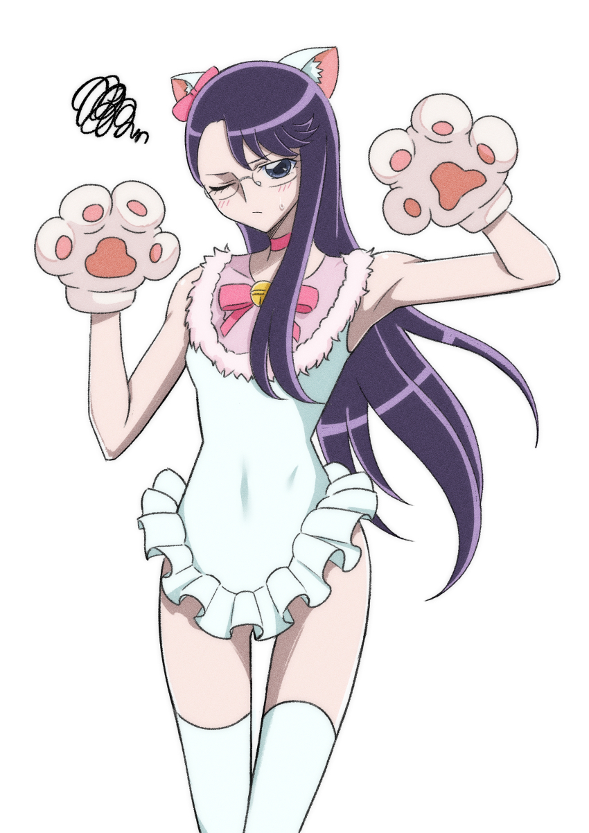1girl absurdres animal_ears animal_hands asahina_mirai asahina_mirai_(cosplay) bell blush bow bowtie cat_ears choker closed_mouth commentary cosplay glasses gloves grey_eyes heartcatch_precure! highres leotard long_hair mahou_girls_precure! mahou_girls_precure!!_mirai_days one_eye_closed paw_gloves pink_bow pink_bowtie pink_choker precure purple_hair saiba_(moonlight) solo sweatdrop thighhighs tsukikage_yuri white_background white_leotard white_thighhighs