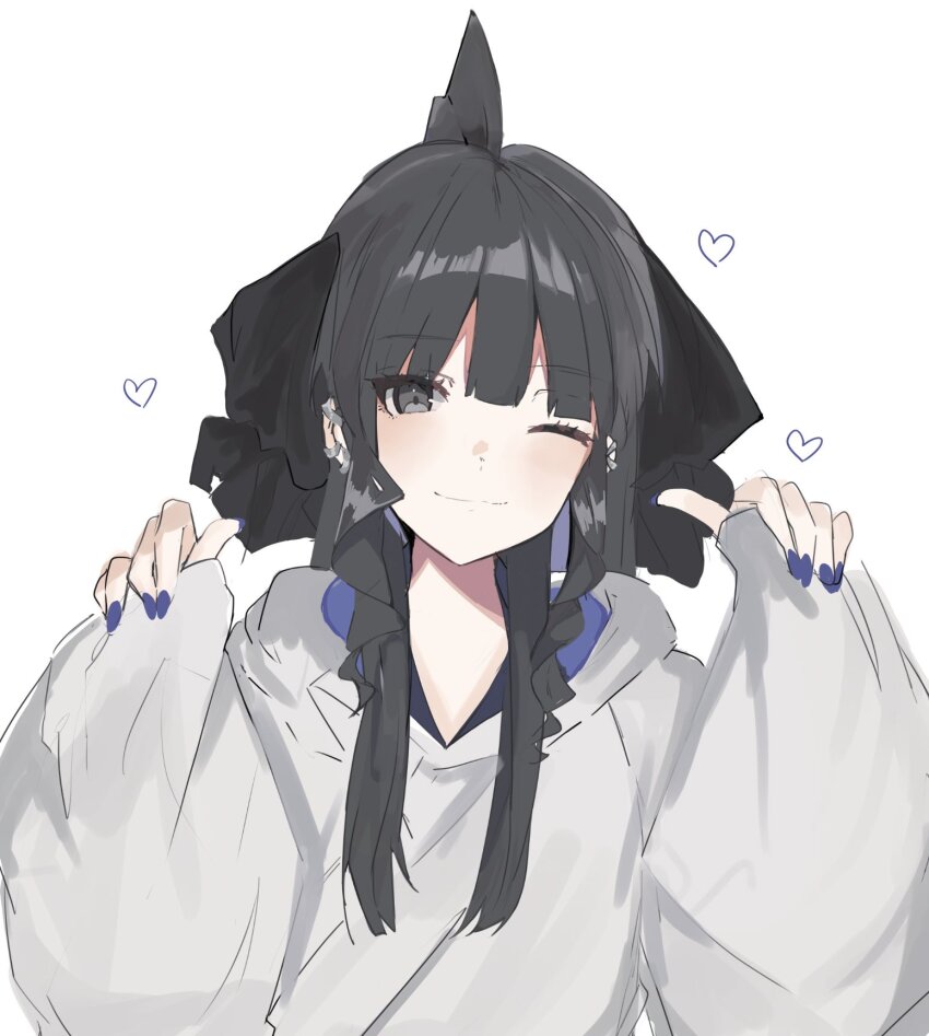 1girl artemis_of_the_blue atelier_live black_eyes black_hair black_ribbon blue_nails commentary english_commentary hair_ribbon heart highres hood hood_down hoodie long_hair one_eye_closed ribbon shark_fin shark_girl solo tagicrabbu virtual_youtuber wavy_sidelocks white_background white_hoodie