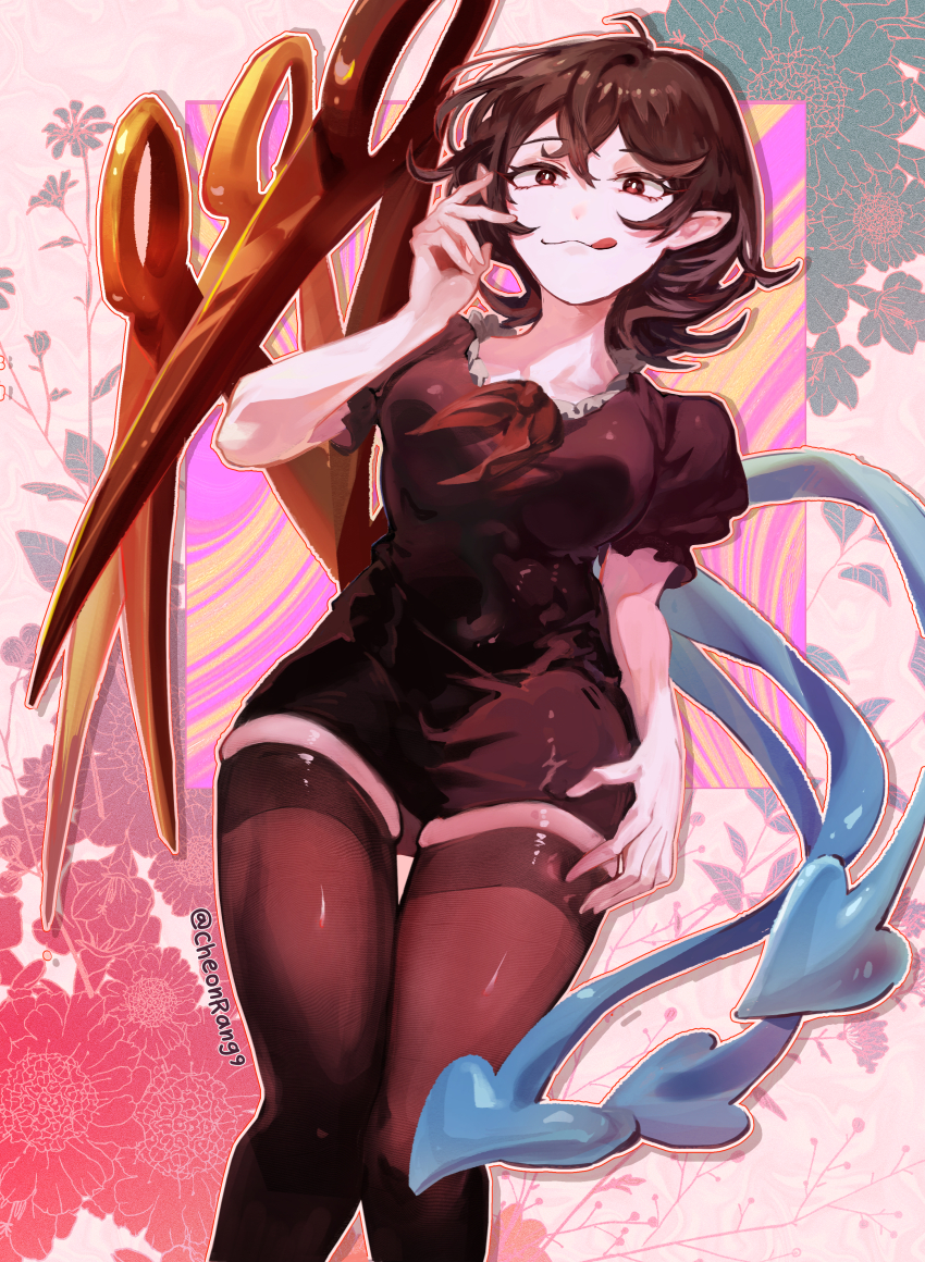 1girl :q abstract_background absurdres asymmetrical_wings black_hair blue_wings bow bowtie breasts brown_bow brown_bowtie brown_dress brown_thighhighs closed_mouth commentary dress erty113 feet_out_of_frame fingernails floral_background highres houjuu_nue looking_at_viewer medium_breasts pink_background pointy_ears red_eyes red_wings short_dress short_hair short_sleeves skindentation smile solo symbol-only_commentary thighhighs tongue tongue_out touhou wings