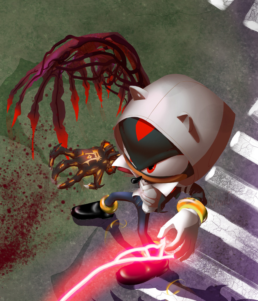 absurdres alex_mercer alex_mercer_(cosplay) alien attack blood blood_splatter cosplay denim dress_shirt dress_shoes electricity gloves hedgehog highres jacket jeans jewelry krita_(medium) long_sleeves motion_lines mutation pants red_wings reflection ring road shadow_the_hedgehog shirt sidewalk single_wing slashing sonic_(series) sonic_generations sonic_x_shadow_generations street thefluffyidiot video_game virus white_gloves wings zipper
