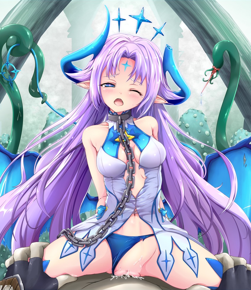 1girl bare_shoulders blush breasts broken_horn c-rabbit chain clothed_sex cum cum_in_pussy demon_girl demon_horns demon_tail demon_wings elsword highres horns ishtar_(elsword) long_hair luciela_r._sourcream medium_breasts navel one_eye_closed open_mouth panties pointy_ears sex solo_focus star-shaped_pupils star_(symbol) sweat symbol symbol-shaped_pupils tail tears torn_clothes torn_panties underwear very_long_hair wings