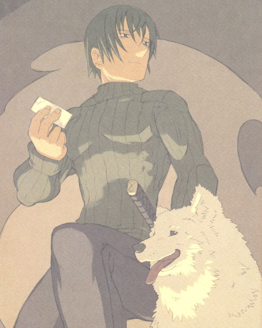 00s 1boy card dog highres kino_no_tabi kuroboshi_kouhaku male_focus riku_(kino_no_tabi) shizu_(kino_no_tabi) short_hair solo sweater sword tongue weapon