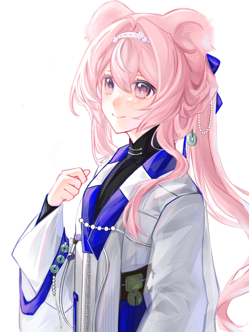 1girl animal_ears arknights chinese_commentary closed_mouth commentary_request hair_between_eyes hair_intakes hairband hand_up highres jacket lin_(arknights) lin_(heavenly_mirage)_(arknights) long_hair long_sleeves mougezhazha50157 official_alternate_costume pink_eyes pink_hair simple_background smile solo upper_body white_background white_hairband white_jacket zipper