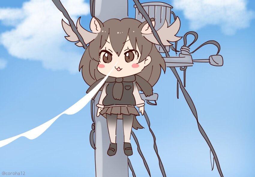 1girl animal_ears blue_eyes brown_eyes brown_hair coroha full_body horns kemono_friends long_hair looking_at_viewer moose_(kemono_friends) moose_ears moose_girl moose_tail outdoors pantyhose parody scarf shikanoko_nokonoko_koshitantan shoes skirt solo sweater tail utility_pole
