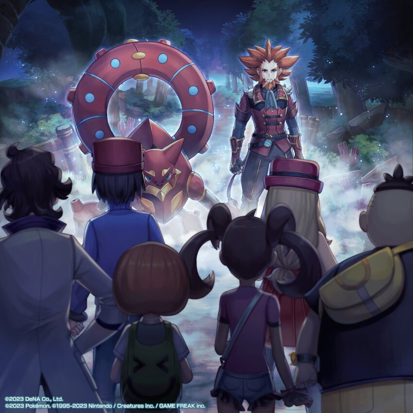 2girls 5boys ascot augustine_sycamore beard belt black_gloves black_pants bush buttons calem_(pokemon) closed_mouth commentary double-breasted facial_hair fingerless_gloves fog gen_6_pokemon gloves grass highres legendary_pokemon lysandre_(pokemon) lysandre_(sygna_suit)_(pokemon) multiple_boys multiple_girls mythical_pokemon night nintendo official_art orange_hair outdoors pants path pokemon pokemon_(creature) pokemon_masters_ex pokemon_xy road serena_(pokemon) shauna_(pokemon) shirasuna_kani spiked_hair standing tierno_(pokemon) tree trevor_(pokemon) volcanion watermark