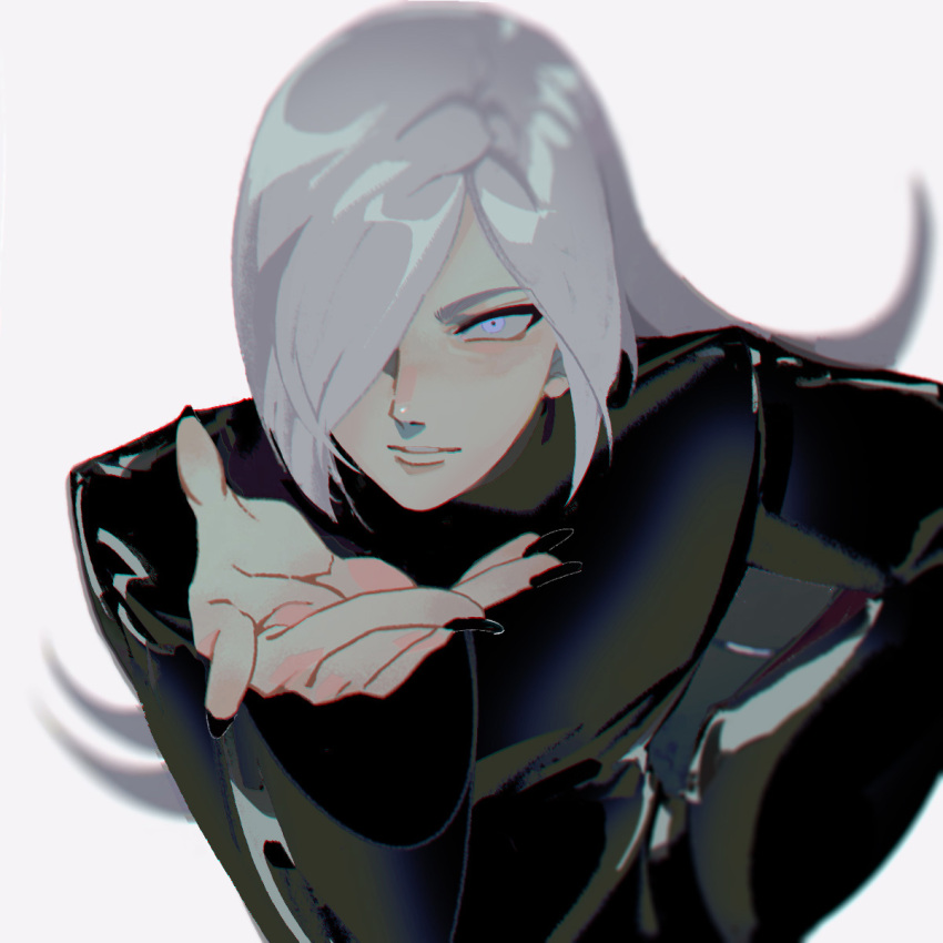 1boy androgynous black_jacket black_nails blue_eyes closed_mouth commentary eyeliner floating_hair glowing glowing_eyes hair_over_one_eye hand_on_own_hip hexermer highres jacket long_hair long_sleeves looking_at_viewer makeup male_focus nail_polish one_eye_covered outstretched_arm outstretched_hand saiki_(kof) shiny_clothes solo symbol-only_commentary the_king_of_fighters the_king_of_fighters_xiii upper_body white_hair