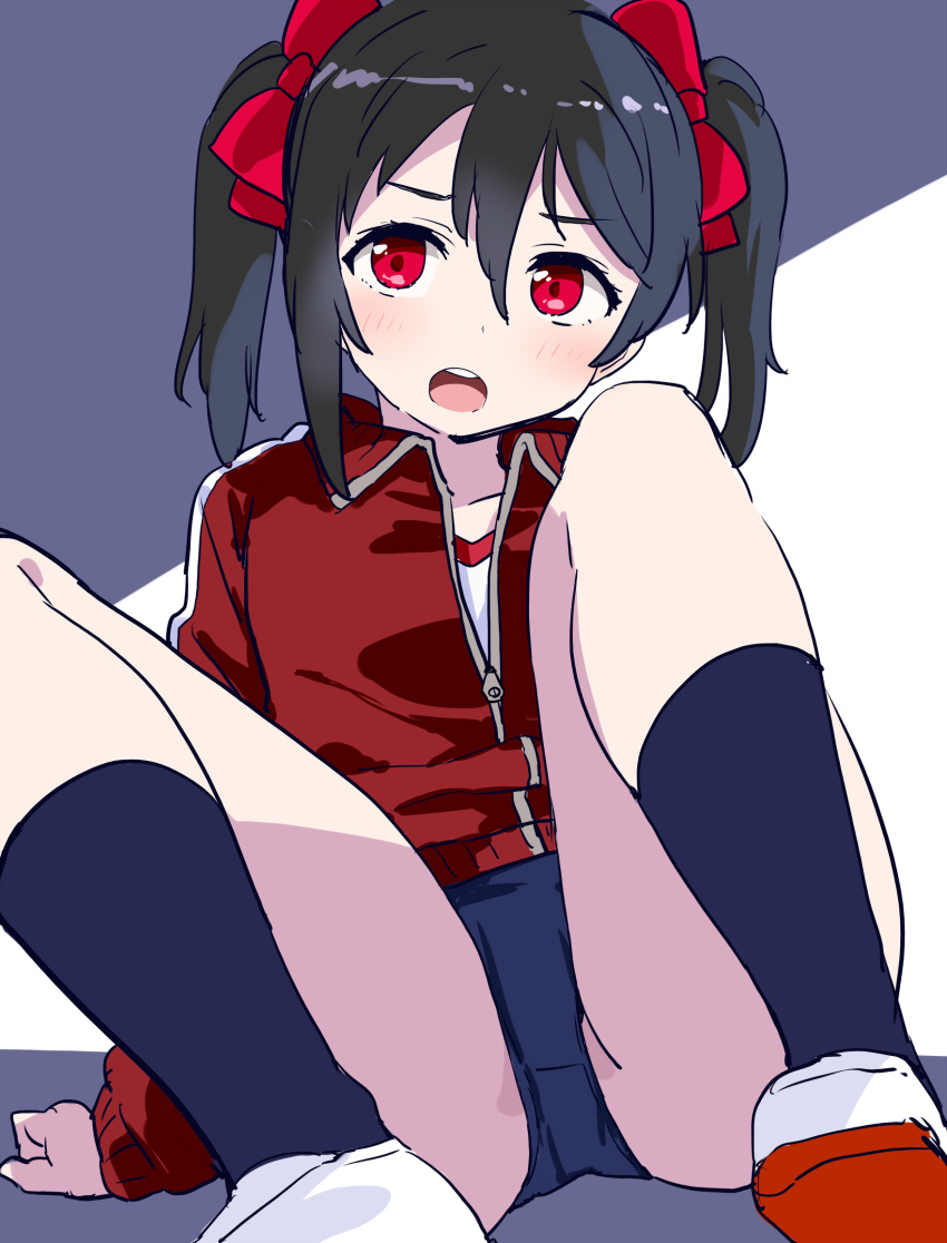 1girl black_hair blue_buruma bow buruma commentary_request gym_shirt gym_uniform hair_bow highres jacket kurokawa_makoto long_hair looking_at_viewer love_live! love_live!_school_idol_project red_eyes red_jacket shirt shoes sitting solo t-shirt track_jacket twintails uwabaki white_shirt yazawa_nico
