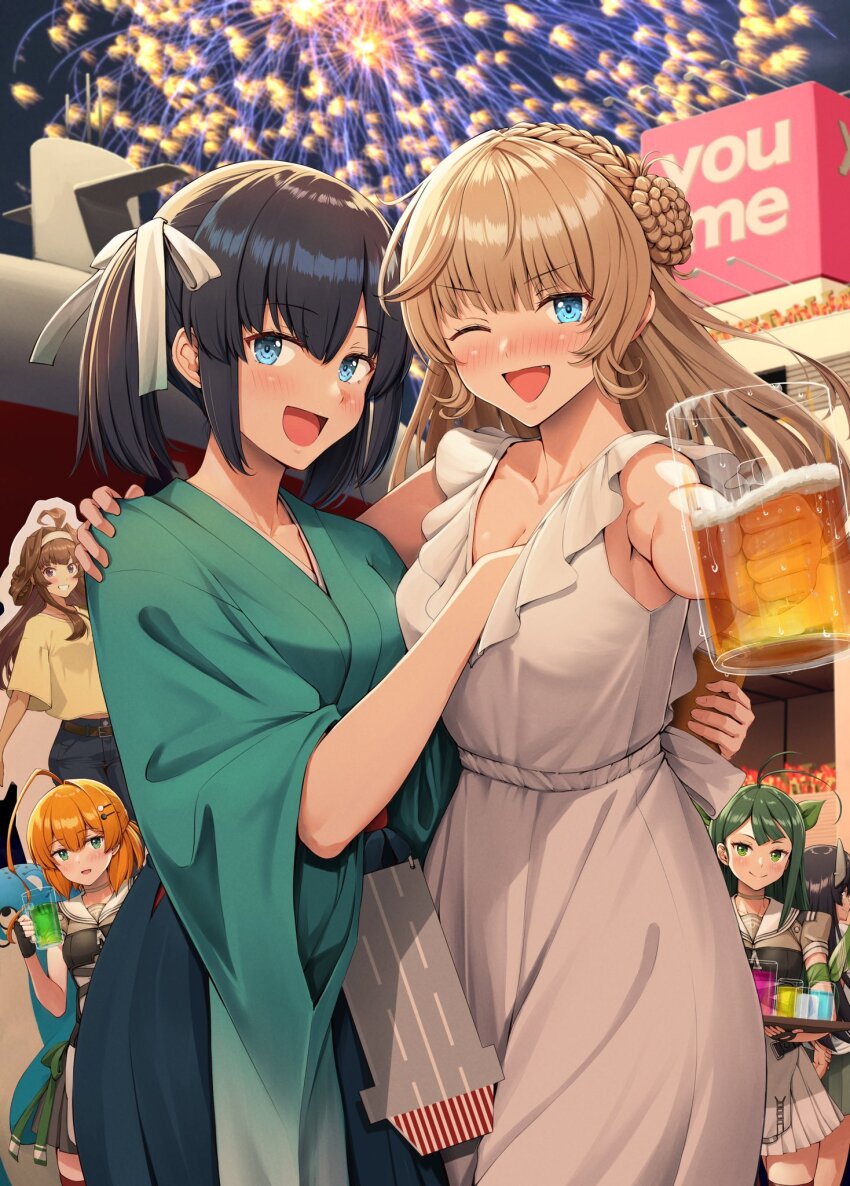 6+girls :d ahoge alcohol alternate_costume beer black_gloves black_hair black_shirt blonde_hair blue_eyes blush breasts brown_hair cardboard_cutout cleavage commentary cup denim dress drunk fang fingerless_gloves fireworks foreshortening gloves green_hair green_kimono green_skirt groping highres holding holding_cup holding_tray hug_from_side huge_ahoge i-400_(kancolle) ichikawa_feesu japanese_clothes jeans kantai_collection kaya_(kancolle) kimono kimono_skirt kongou_(kancolle) kongou_(kure)_(kancolle) long_hair looking_at_viewer medium_breasts medium_hair multiple_girls night one_eye_closed open_mouth orange_hair outdoors outstretched_arm pants pleated_skirt ranger_(kancolle) reaching reaching_towards_viewer sailor_collar shirt short_twintails skirt sleeveless sleeveless_dress smile souryuu_(kancolle) sugi_(kancolle) tray twintails white_dress white_sailor_collar white_skirt wide_sleeves yellow_shirt
