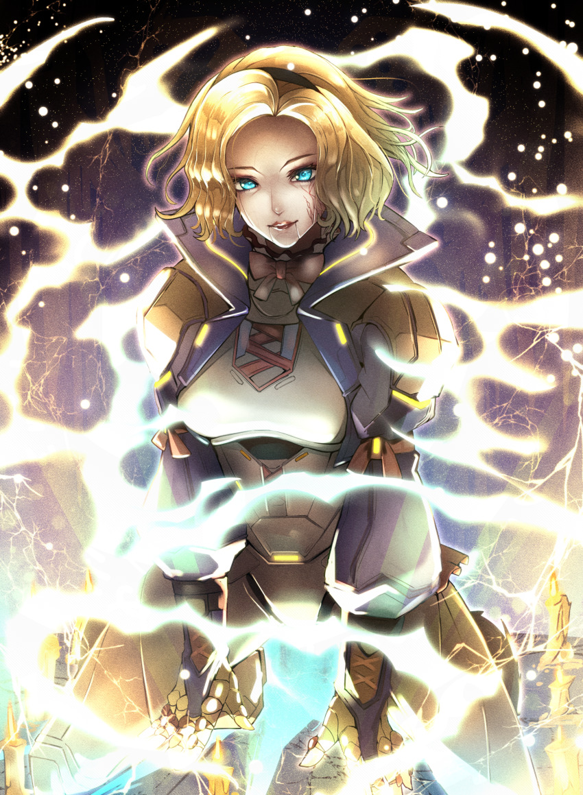 absurdres animification apex_legends blonde_hair blue_eyes blue_jacket bow breasts electricity highres hirome99 jacket kneeling looking_at_viewer mechanical_arms medium_breasts official_alternate_costume pink_bow porcelain_poppet_wattson scar scar_on_face shirt short_hair wattson_(apex_legends) white_shirt