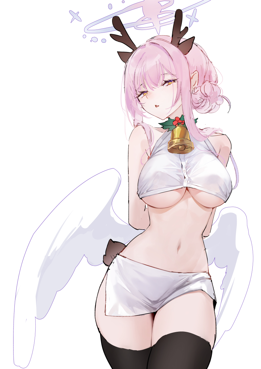 1girl absurdres alternate_costume alternate_hairstyle animal_ears arms_behind_back bell black_thighhighs blue_archive breasts commentary_request cowboy_shot cropped_shirt deer_ears half-closed_eyes halo highres jingle_bell large_breasts looking_at_viewer low_wings mika_(blue_archive) neck_bell parted_lips pink_hair pink_halo reiami shirt simple_background solo thighhighs underboob white_background white_shirt white_wings wings yellow_eyes