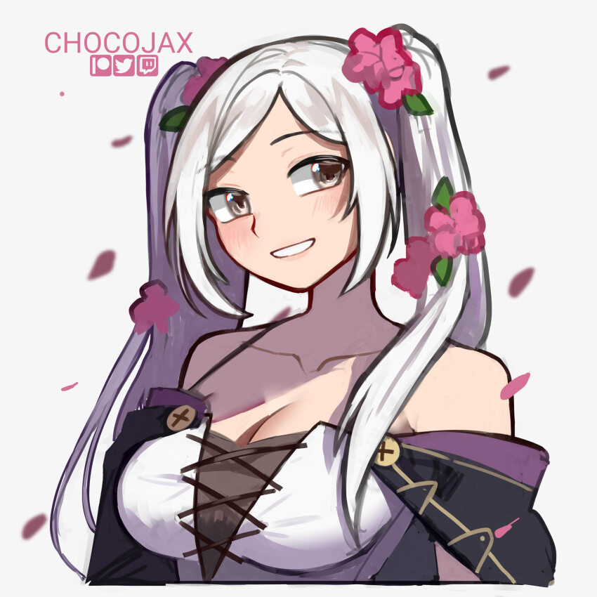 1girl armpit_crease arms_at_sides bare_arms bare_shoulders breasts brown_eyes capelet chocojax cleavage dress eyelashes falling_petals female_focus female_robin_(fire_emblem) female_robin_(valentine)_(fire_emblem) fire_emblem fire_emblem_awakening fire_emblem_heroes flower hair_flower hair_ornament halterneck highres light_blush long_dress long_hair looking_at_viewer medium_breasts neck official_alternate_costume parted_lips petals rope_belt sidelocks sleeveless sleeveless_dress smile spaghetti_strap swept_bangs twintails upper_body white_hair