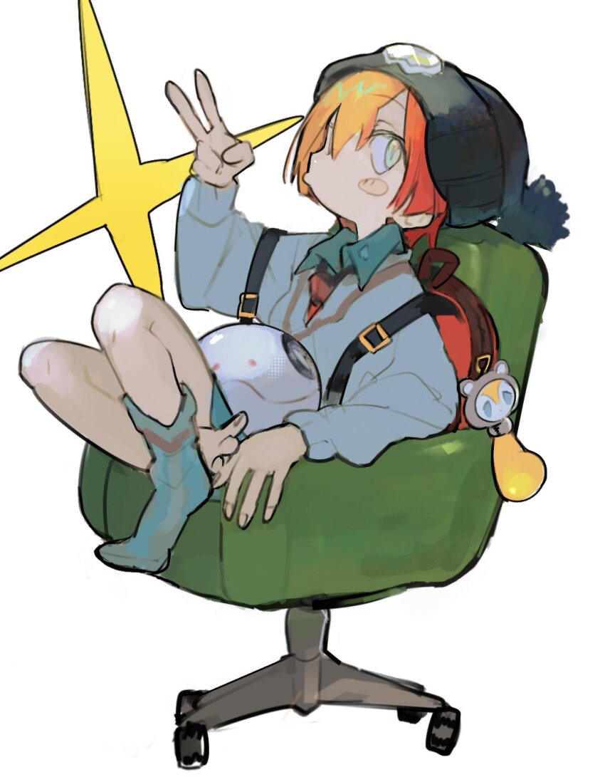 1girl amate_yuzuriha backpack bag bag_charm beanie black_hat blue_socks blue_sweater blush_stickers charm_(object) collared_shirt crossed_ankles diffraction_spikes full_body green_eyes gundam gundam_gquuuuuux haro hat highres knees_up looking_at_viewer necktie ni_(nimame629) no_shoes on_chair orange_hair pom_pom_(clothes) pom_pom_beanie red_bag robot shirt short_hair simple_background single_bare_foot sitting socks solo sweater