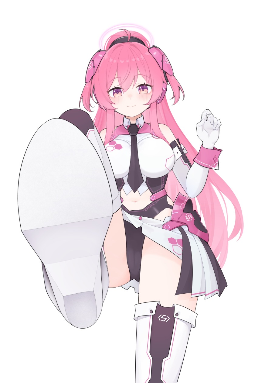 1girl absurdres ahoge bare_shoulders barefoot bemani black_necktie black_panties boots breasts cameltoe closed_mouth collared_shirt commission elbow_gloves feet foot_focus foot_up foreshortening gloves hair_between_eyes hair_ornament hand_up high_heel_boots high_heels highres impossible_clothes large_breasts long_hair looking_at_viewer necktie panties pink_eyes pink_hair pink_wrist_cuffs pixiv_commission pleated_skirt rasis shirt shoe_soles sidelocks skirt soles solo sound_voltex thigh_boots thighs underwear very_long_hair white_boots white_gloves wl217_(nicexa111) wrist_cuffs