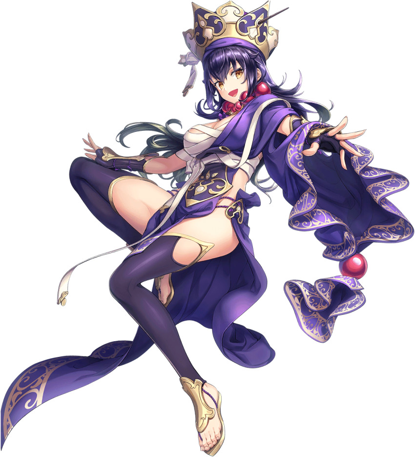 1girl artist_request bare_hips breasts crown fingerless_gloves full_body game_cg gloves green_hair highres jewelry long_hair multicolored_hair necklace official_art open_mouth orange_eyes pearl_necklace purple_hair sandals sarashi solo source_request suiren_(unitia) transparent_background two-tone_hair unitia