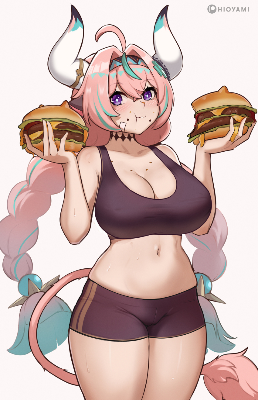 1girl absurdres bare_shoulders blush breasts cleavage cow_girl cow_horns eating food genshin_impact highres hioyami horns large_breasts long_hair looking_at_viewer navel pink_hair purple_eyes solo varesa_(genshin_impact)