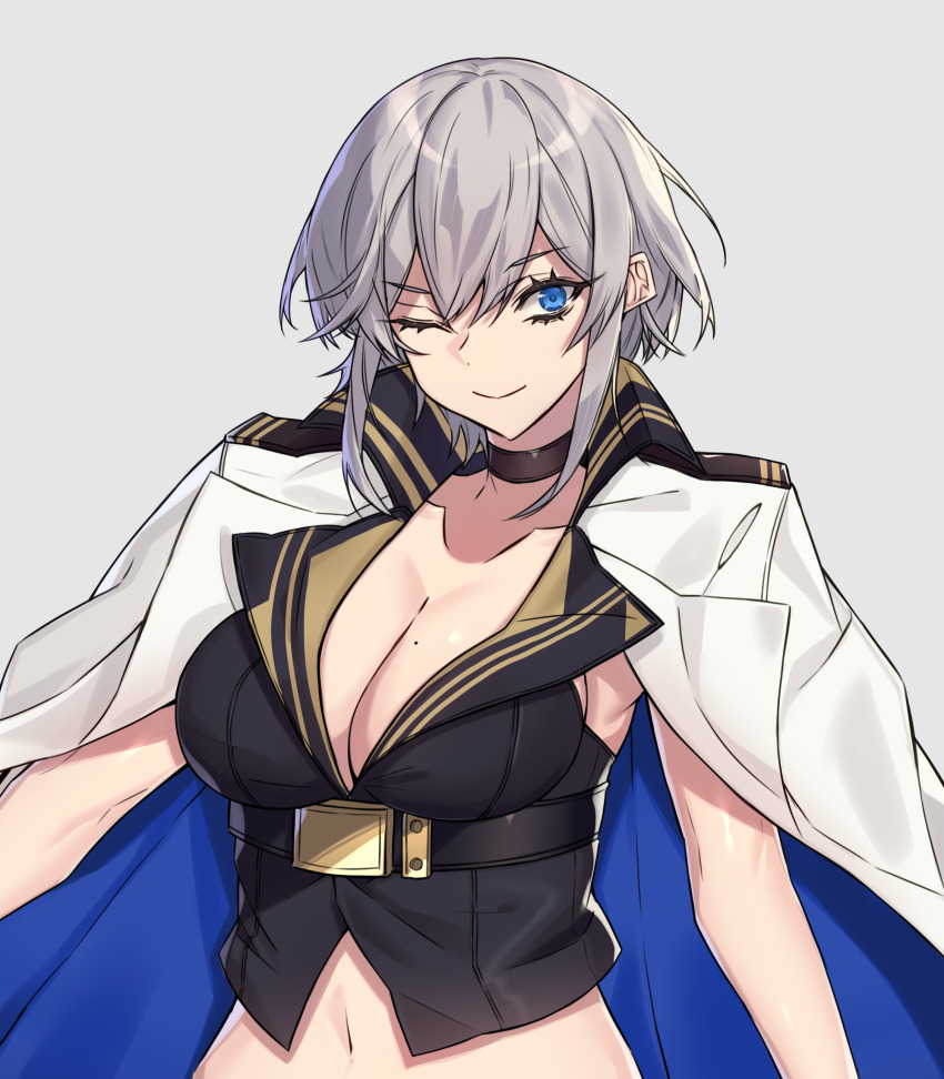 1girl absurdres azur_lane black_shirt blue_eyes breasts choker cleavage collared_shirt commentary_request crop_top gloves grey_hair half_gloves highres jacket jacket_on_shoulders jewelry large_breasts military_jacket mole mole_on_breast one_eye_closed ouka_(sakura_oinari) shirt short_hair simple_background sleeveless sleeveless_shirt solo upper_body washington_(azur_lane) white_background white_jacket