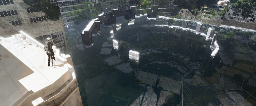 abandoned absurdres asteroid_ill bandage_over_one_eye bedroll black_jacket black_pants blonde_hair broken_window building carrying city cityscape cornea_(asteroid_ill) flood from_side high_collar highres hole iz_(asteroid_ill) jacket long_sleeves looking_ahead moss nature neon_trim on_rooftop original outdoors overgrown pants partially_immersed peg_leg piggyback pillar post-apocalypse railing reflection rooftop rubble ruins rust scenery school_of_fish shadow shoes short_hair standing sunlight tree water white_hair wide_shot