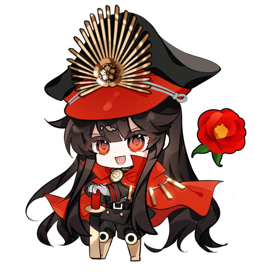 1girl :d absurdres black_hair black_hat black_jacket black_pants cape chibi fate/grand_order fate_(series) flower full_body gloves hat highres jacket long_sleeves looking_at_viewer oda_nobunaga_(fate) oda_nobunaga_(koha-ace) oda_uri open_mouth pants peaked_cap red_cape red_eyes red_flower simple_background smile solo white_background white_gloves xixing_chun