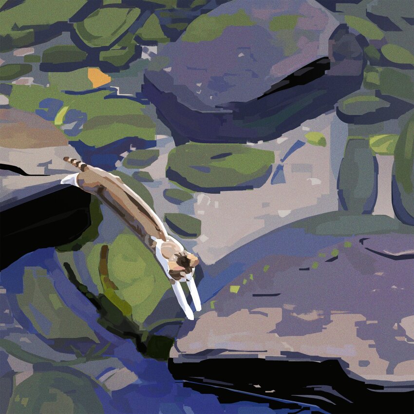 animal boulder cat day highres jumping lily_pad orenji_(orenjikunart) original outdoors pond reflection rock water