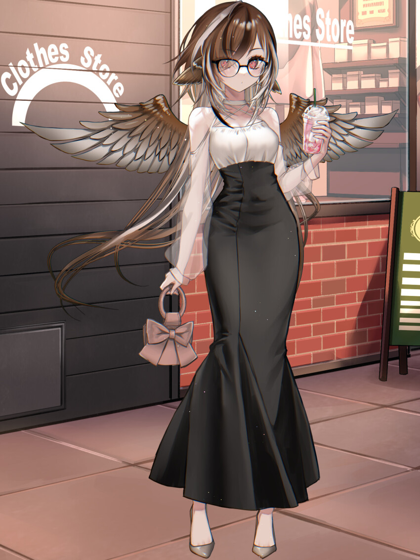 1girl bag black-framed_eyewear black_dress brown_hair brown_wings cup dairoku_ryouhei day disposable_cup dress drinking_straw eleanor_victoria feathered_wings glasses halterneck handbag highres holding multicolored_hair outdoors see-through_clothes see-through_sleeves solo streaked_hair two-tone_dress white_dress wings ybs_pbw