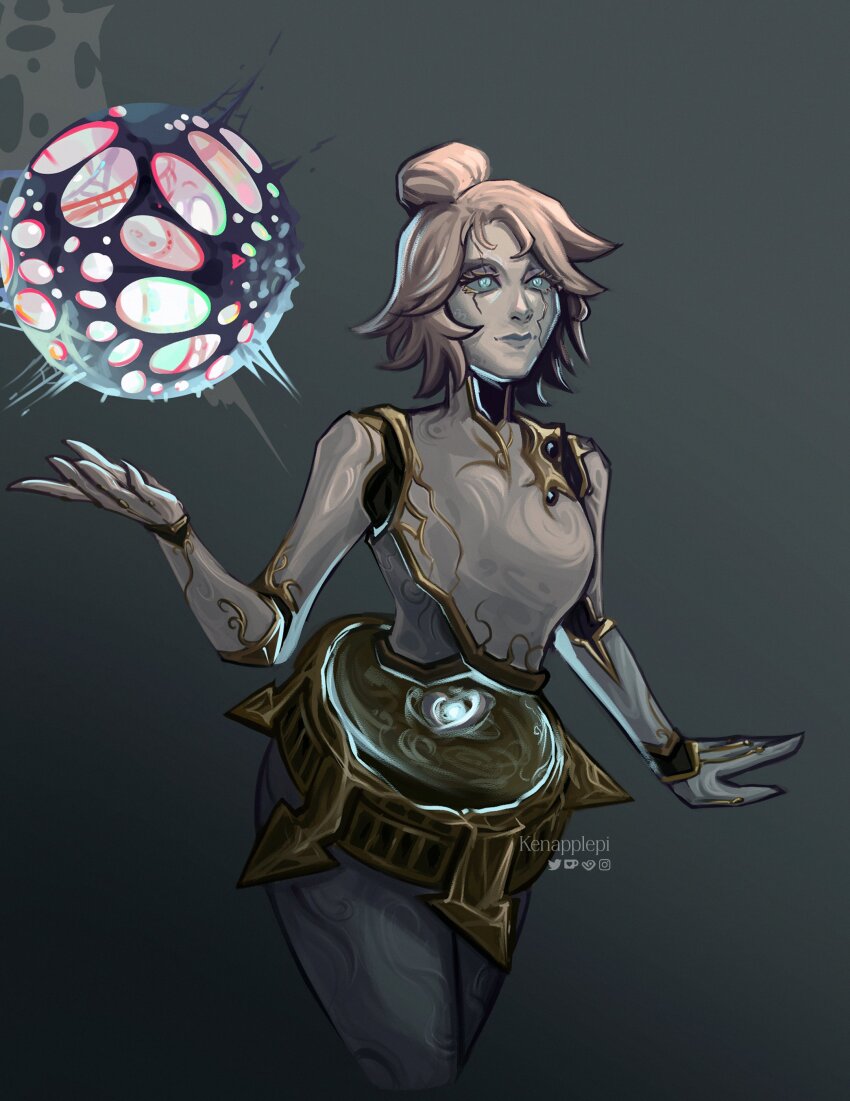 1girl absurdres anomaly_(arcane) arcane:_league_of_legends ball colored_sclera cropped_legs gradient_background grey_background grey_sclera hair_bun highres kenapplepi league_of_legends orianna_(league_of_legends) robot_girl short_hair solo