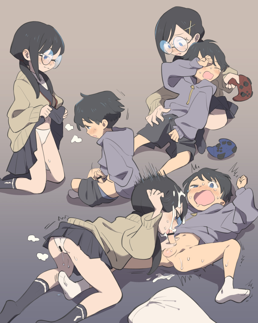 1boy 1girl absurdres age_difference ass bar_censor black_hair black_shorts black_skirt black_socks blue_eyes blue_jacket brown_background brown_cardigan cameltoe cardigan censored clothes_lift collage commentary commission controller cum cum_in_clothes cum_on_body cum_on_clothes cum_on_hair cum_through_clothes cumdrip ejaculation_under_clothes english_commentary facial fellatio game_controller glasses gradient_background hair_ornament hetero highres holding holding_controller holding_game_controller hood hooded_jacket jacket kinni kneeling lifting_own_clothes long_sleeves looking_at_another lying male_masturbation masturbation medium_hair multiple_views on_back onee-shota open_mouth oral original panties penis precum premature_ejaculation pussy_juice round_eyewear short_hair shorts shota skirt skirt_lift small_penis socks sweat teenage_girl_and_younger_boy testicles underwear white_panties white_socks x_hair_ornament