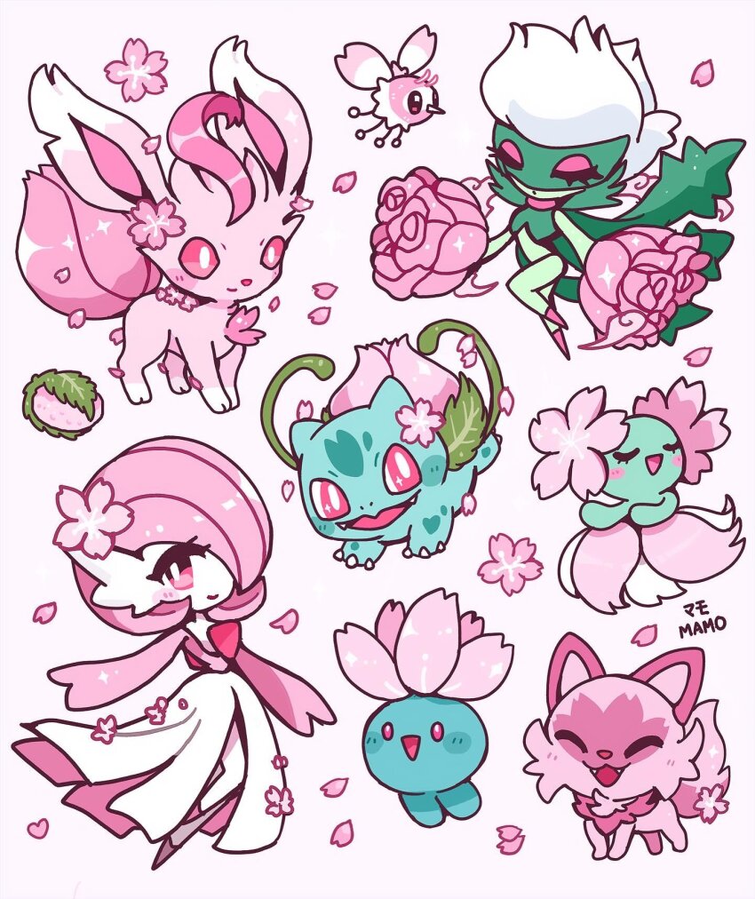 2girls bellossom blush_stickers bright_pupils cherry_blossoms claws closed_mouth commentary cutiefly english_commentary flower food game_freak gardevoir gen_1_pokemon gen_2_pokemon gen_3_pokemon gen_4_pokemon gen_6_pokemon gen_7_pokemon hair_over_one_eye highres ivysaur mamobot mochi multiple_girls nintendo oddish petals pink_eyes pink_flower pink_hair pink_rose plant pokemon pokemon_(creature) rose roserade sakura_mochi signature simple_background sprigatito sylveon vines wagashi white_background white_pupils