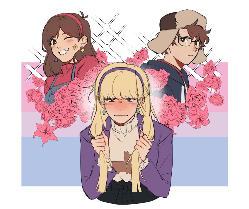 1boy 2girls absurdres animification antenna_hair bisexual_female bisexual_flag bishie_sparkle black-framed_eyewear black_hat black_hoodie blonde_hair blue_jumpsuit blush border brother_and_sister brown_eyes brown_hair closed_mouth crystal_earrings dipper_pines earrings floral_print flower from_side glasses grabbing_own_hair gravity_falls hair_between_eyes hairband hands_up hat highres hood hoodie jacket jewelry jumpsuit lapels long_hair long_sleeves looking_at_viewer mabel_pines multiple_girls one_eye_closed open_clothes open_hoodie open_jacket outside_border pacifica_northwest pink_flower pink_hairband pink_rose pink_sweater purple_eyes purple_hairband purple_jacket red_shirt rose sevenreii shirt short_hair siblings sidelocks smile sweater teeth turtleneck turtleneck_sweater upper_body white_border white_sweater