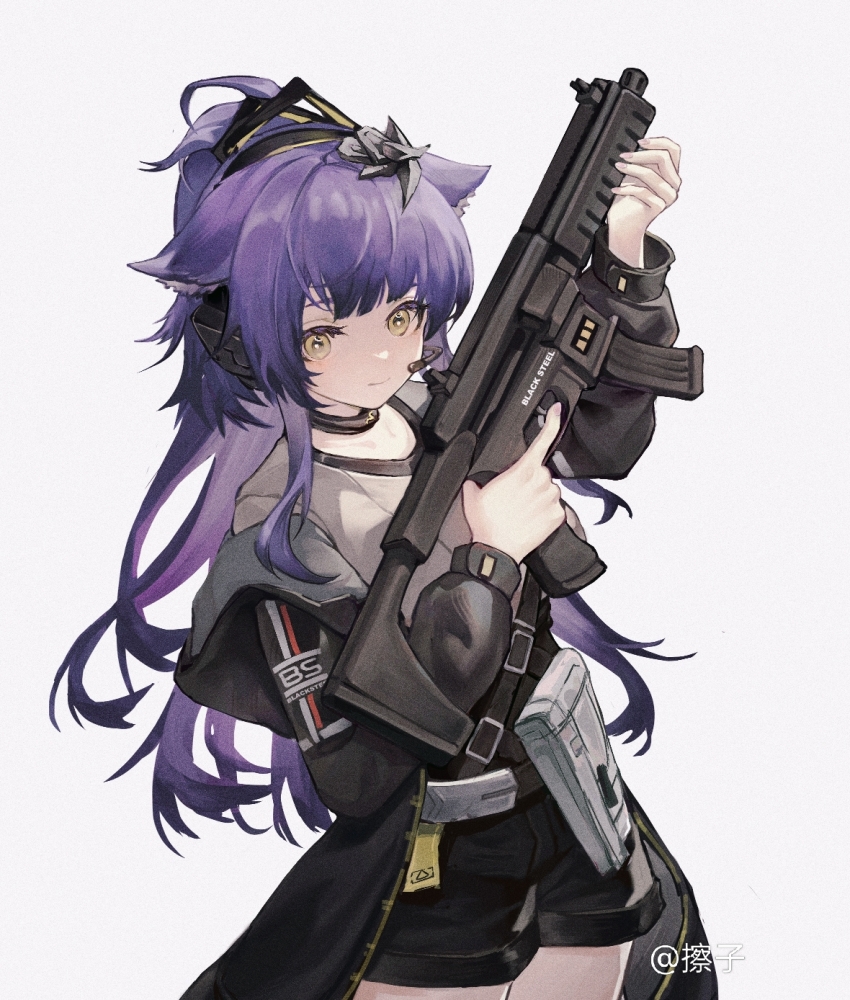 1girl animal_ears arknights black_jacket black_shorts ca_zi chinese_commentary closed_mouth commentary_request cowboy_shot grey_background grey_shirt gun headset highres holding holding_gun holding_weapon jacket jessica_(arknights) jessica_the_liberated_(arknights) long_sleeves looking_at_viewer off_shoulder purple_hair shirt short_shorts shorts simple_background solo standing submachine_gun t-shirt watermark weapon yellow_eyes