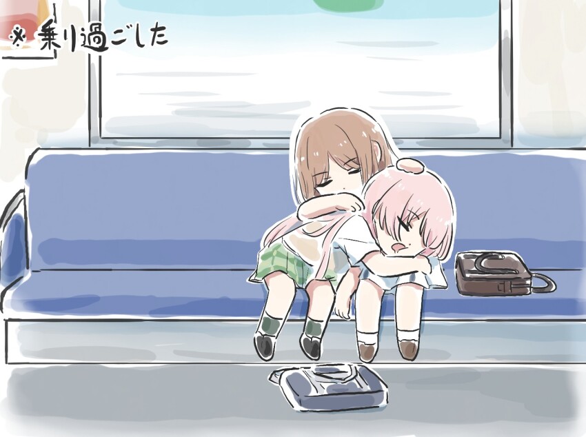 2girls bag bang_dream! bang_dream!_it&#039;s_mygo!!!!! brown_hair brown_sweater_vest chihaya_anon closed_eyes drooling green_skirt haneoka_school_uniform long_hair lyy mouth_drool multiple_girls nagasaki_soyo open_mouth school_bag school_uniform shirt sidelocks skirt sleeping sleeping_on_person sweater_vest train_interior translation_request tsukinomori_school_uniform white_shirt yuri