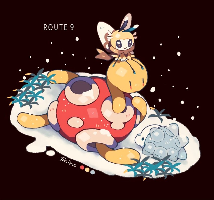 artist_name black_background closed_mouth color_guide commentary_request english_text gen_2_pokemon gen_7_pokemon gen_8_pokemon highres nintendo no_humans on_head plant pokemon pokemon_(creature) pokemon_on_head ribombee shino_(shinoru_p) shuckle simple_background smile snom snow snowing
