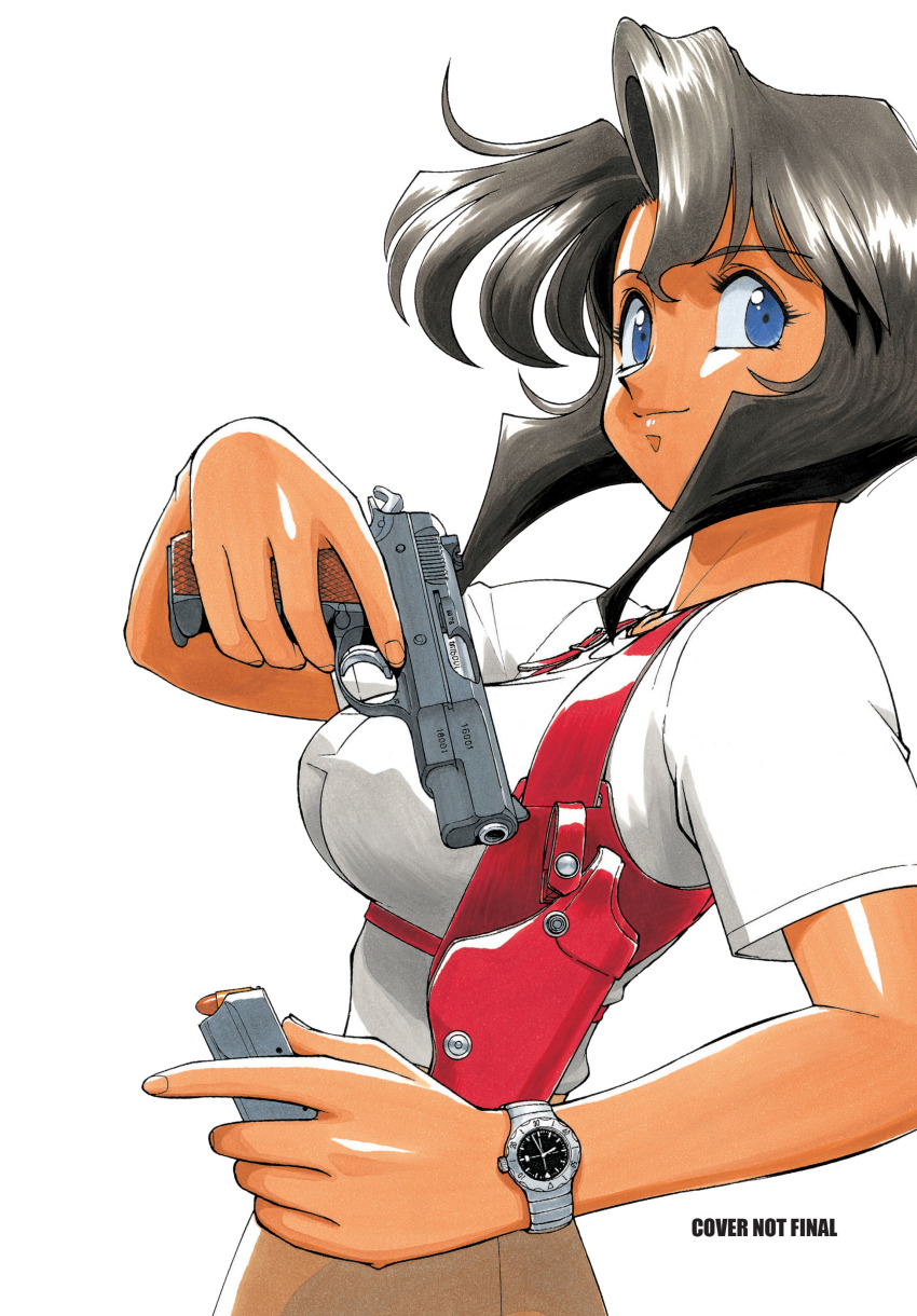 1girl absurdres black_hair blue_eyes bob_cut breasts brown_skirt bullet chest_harness commentary copyright_name cowboy_shot cz_75 dark-skinned_female dark_skin english_text eyelashes gun gunsmith_cats hand_up handgun harness highres holding holding_gun holding_magazine_(weapon) holding_weapon holster impossible_clothes impossible_shirt inverted_bob magazine_(weapon) marker_(medium) medium_breasts official_art pencil_skirt rally_vincent shirt short_hair short_sleeves shoulder_holster sidelocks simple_background skirt solo sonoda_ken&#039;ichi standing t-shirt third-party_edit third-party_extraction third-party_source title traditional_media trigger_discipline watch wavy_hair weapon white_background white_shirt wristwatch