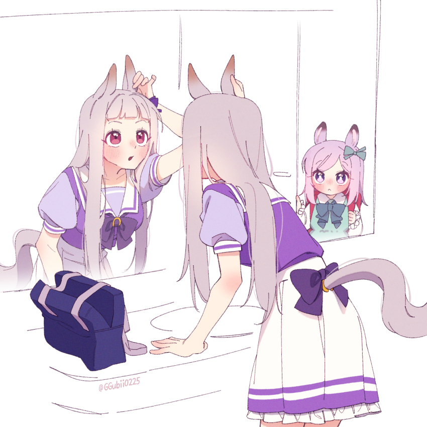 2girls aged_down animal_ears bag blush breasts clothing_cutout dress ggubii0225 gold_ship_(umamusume) green_dress grey_hair highres horse_ears horse_girl horse_tail indoors long_hair mejiro_mcqueen_(umamusume) mirror multiple_girls open_mouth opening_door pink_hair purple_shirt red_eyes reflection school_bag school_uniform shirt short_sleeves sink skirt small_breasts tail tail_through_clothes tracen_school_uniform twitter_username umamusume white_skirt