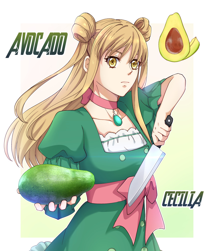 1girl absurdres avocado blonde_hair bow choker collarbone copyright_name double_bun dress food fruit green_dress hair_bun highres holding holding_food holding_fruit holding_knife jewelry knife lan_ruobing long_hair looking_at_viewer rei_kuin short_sleeves solo yellow_eyes zhandou_wang_zhi_jufeng_zhan_hun