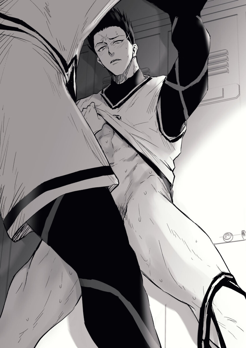2boys abs barou_shouei blue_lock blue_lock_bodysuit chuma_a_a clothes_lift from_below greyscale highres lifting_another&#039;s_clothes locker lower_body male_focus male_pubic_hair male_underwear male_underwear_pull monochrome multiple_boys muscular muscular_male nagi_seishirou no_pants out_of_frame pubic_hair shirt_lift short_hair soccer_uniform sportswear sweat thighs tight_clothes underwear yaoi