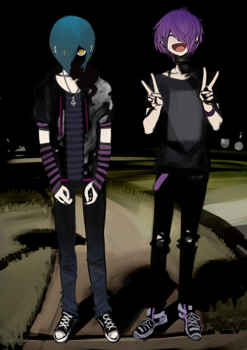 2boys 2n5 absurdres androgynous aqua_hair bracelet closed_eyes collarbone double_v emo_fashion full_body glowing glowing_eye hair_over_one_eye highres jacket jewelry male_focus meme multiple_boys open_clothes open_jacket open_mouth original outdoors pants pendant shaded_face shirt shoes short_hair short_sleeves skinny_jeans smile sneakers standing striped_arm_warmers striped_clothes striped_shirt tongue torn_clothes torn_pants v why_dis_ninja_look_so_mad_(meme) yellow_eyes