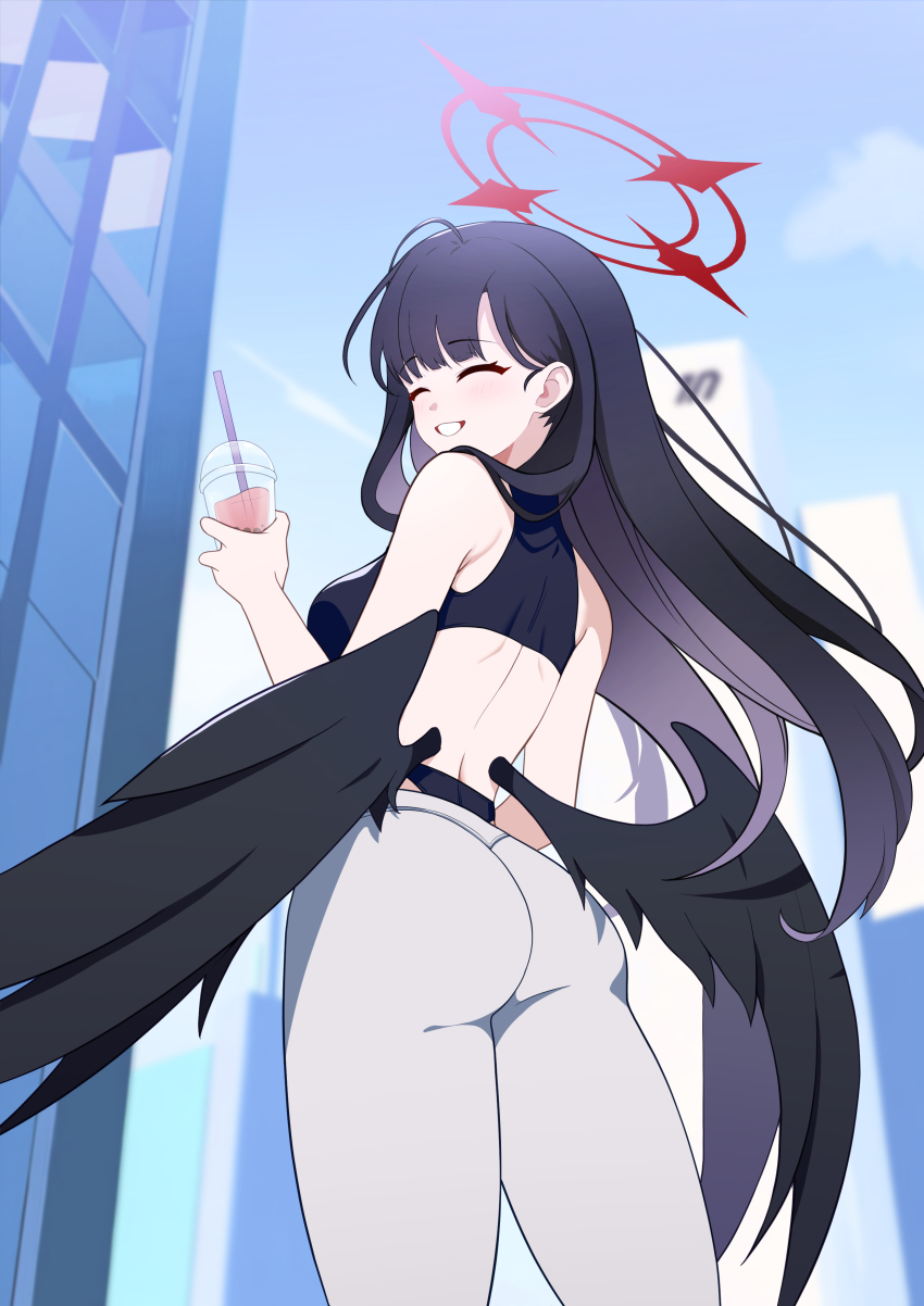 1girl absurdres alternate_costume ass black_hair black_sports_bra black_wings blue_archive blush breasts bubble_tea closed_eyes cup feathered_wings grin halo highres ichika_(blue_archive) large_breasts long_hair pants schwarz_rubin smile solo sports_bra thighs tight_clothes tight_pants white_pants wings yoga_pants