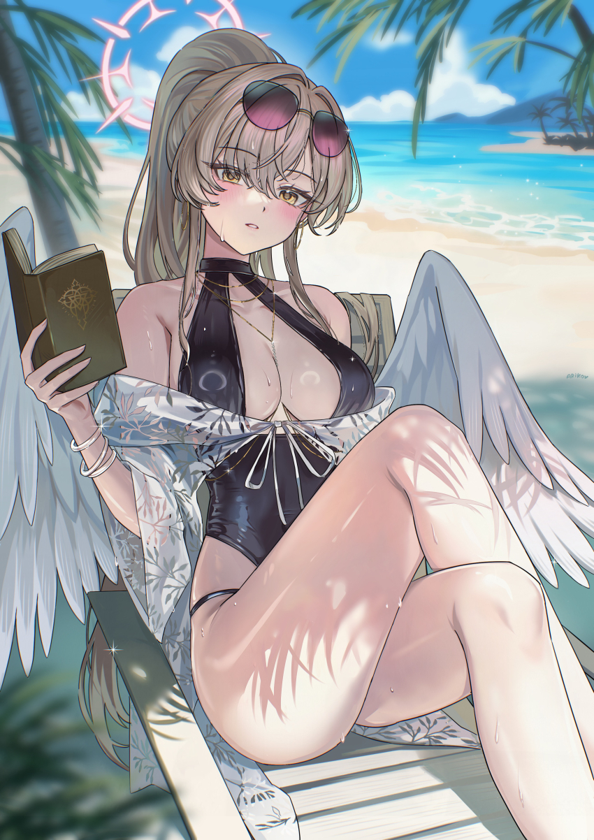 1girl absurdres angel_wings ariko_(aaaaarik) beach black_one-piece_swimsuit blue_archive book brown_hair chair collarbone commentary eyewear_on_head feathered_wings highres holding holding_book long_hair looking_at_viewer lounge_chair nagisa_(blue_archive) nagisa_(swimsuit)_(blue_archive) one-piece_swimsuit palm_tree ponytail sitting solo sunglasses swimsuit tree white_wings wings yellow_eyes